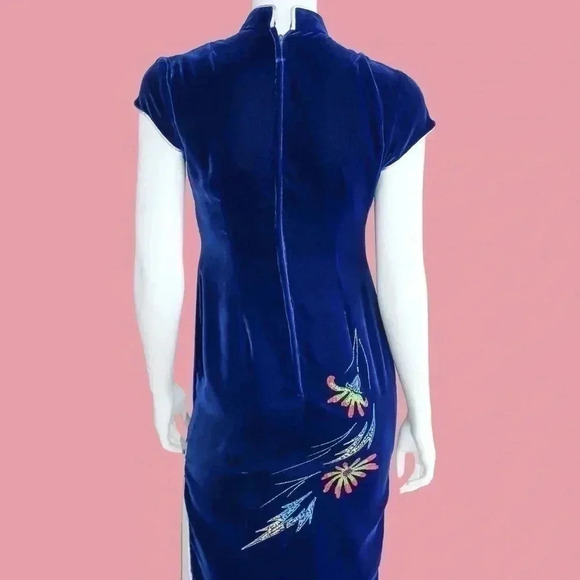 Vintage Electric Blue Floral Cheongsam Pencil Dress Size Small spring easter - Picture 4 of 6
